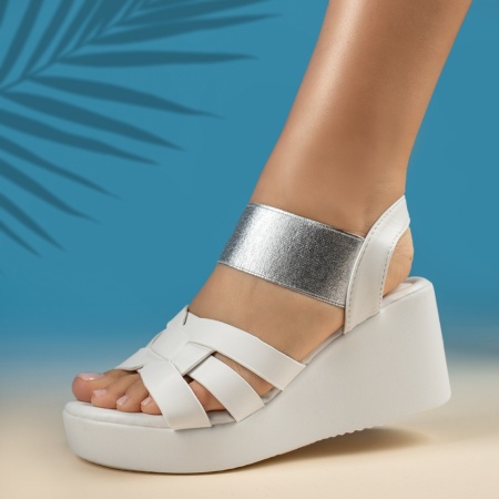 Sandale dama cu platforma si bareta elastica albe MOD13882, 4, modlet.ro