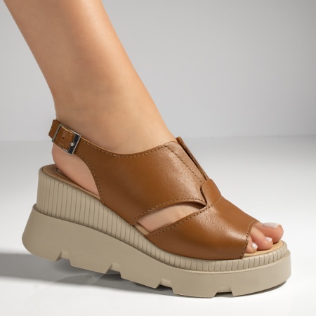Sandale dama cu platforma si bareta maro din Piele naturala MOD13212, 3, modlet.ro