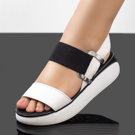 Sandale dama cu talpa groasa albe cu negru din Piele naturala MDL08789