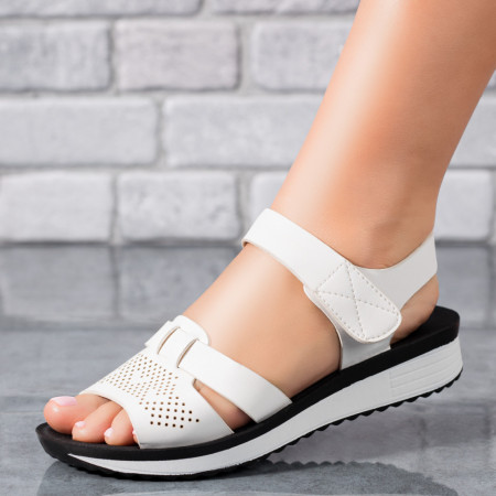 Sandale cu platforma, Sandale dama cu talpa groasa si inchidere cu scai albe MOD09311, modlet.ro