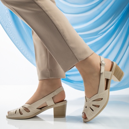 Sandale cu toc, Sandale dama cu toc gros bej MOD13327, modlet.ro