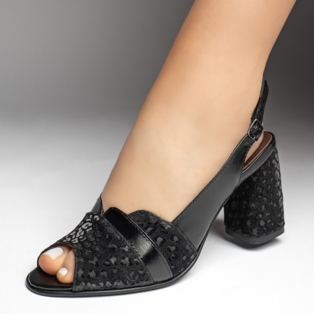Sandale dama cu toc gros negre cu imprimeu din Piele naturala MOD13450, 2, modlet.ro