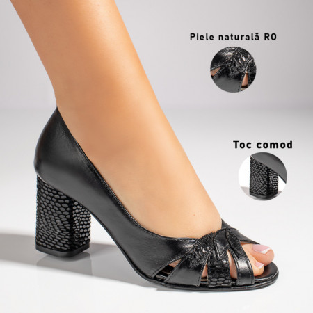 Sandale dama cu toc gros negre din Piele naturala MOD11388, 3, modlet.ro