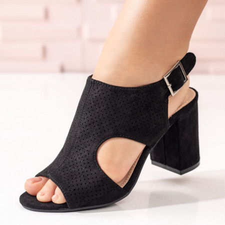 Sandale cu toc, Sandale dama cu toc gros negre suede MOD08812, modlet.ro