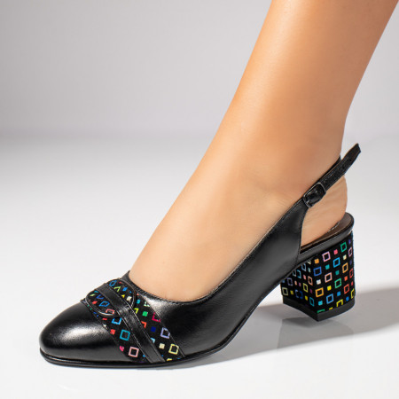 Sandale cu toc, Sandale dama cu toc gros si bareta negre din Piele naturala MOD11389, modlet.ro
