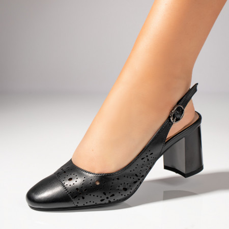 Sandale cu toc gros, Sandale dama cu toc gros si perforatii negre din Piele naturala ZEF11396 - zeforia.ro