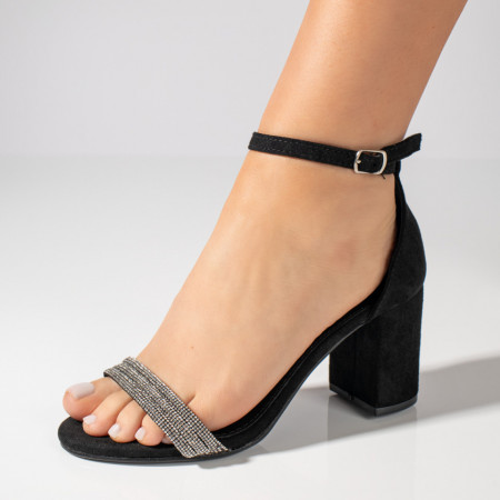 Sandale cu toc, Sandale dama cu toc gros si pietre aplicate negre suede MOD08799, modlet.ro