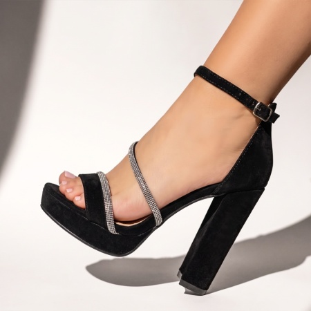 Sandale dama cu toc gros si strasuri negru suede MARA3, 2, modlet.ro