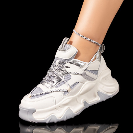Plateste Jumatate!, Sneakers dama albi cu gri si talpa groasa MOD10061, modlet.ro