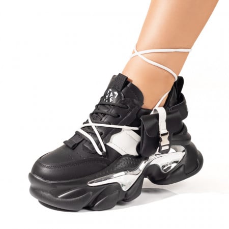 Adidasi dama, Sneakers dama negri cu alb si accesoriu detasabil ZEF10064 - zeforia.ro