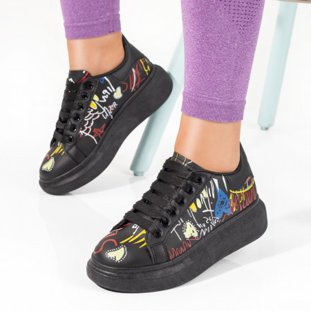 Tenisi dama, Tenisi dama negri cu talpa groasa si print multicolor MOD03275, modlet.ro
