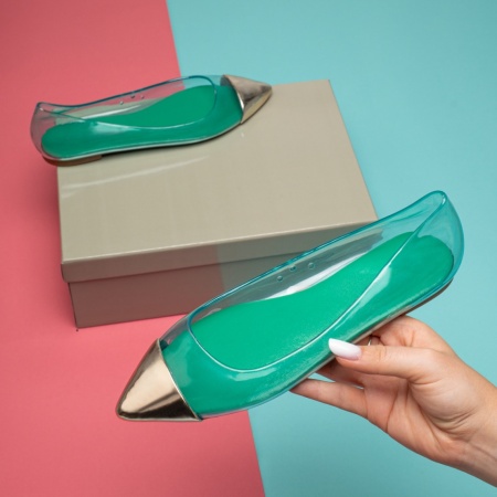 Balerini si Mocasini Dama, Balerini dama cu perforatii verde cu auriu MOD11825, modlet.ro