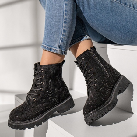 Bocanci dama, Bocanci dama cu fermoar si strasuri aplicate negru suede MOD12239, modlet.ro