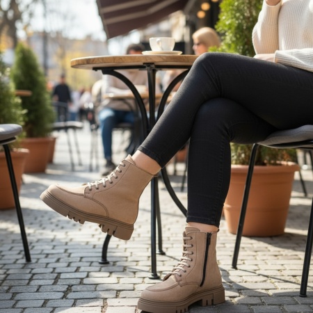 Bocanci dama cu siret si fermoar bej din Piele naturala MOD10389, 4, modlet.ro