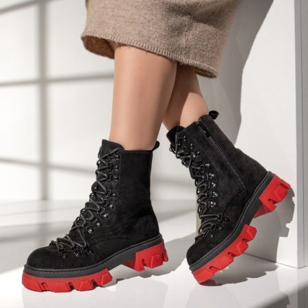 Bocanci dama, Bocanci dama cu siret si talpa rosie negru suede MOD12634, modlet.ro