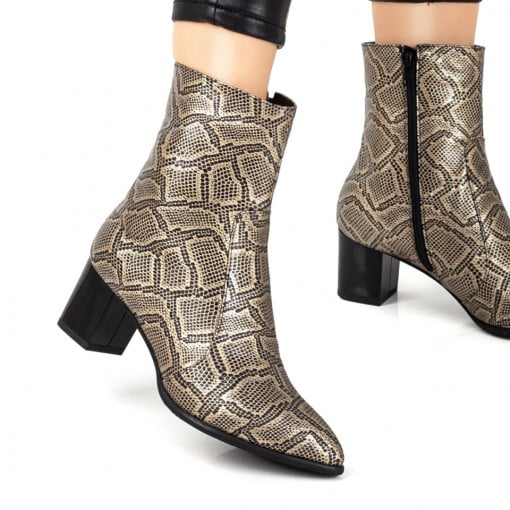 Botine cu toc dama aurii cu print din Piele naturala ZEF07592, 3, zeforia.ro