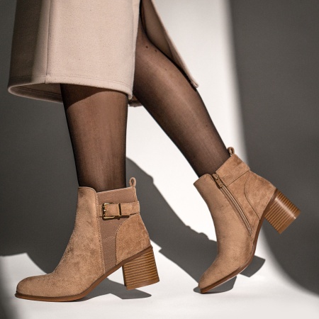Botine dama cu toc gros khaki suede MOD12643, 3, modlet.ro