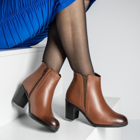 Botine dama cu toc gros maro Piele naturala MOD05667, 4, modlet.ro