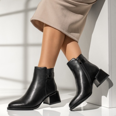Botine dama cu toc gros negre din Piele naturala MOD13983