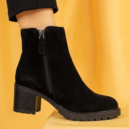Botine dama cu toc gros negru suede din Piele naturala BIA25, 3, modlet.ro