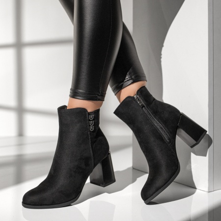 Botine dama cu toc gros si fermoar negru suede MOD12636, 3, modlet.ro