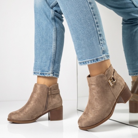 Botine dama cu toc si fermoar khaki suede LILI44, 2, modlet.ro