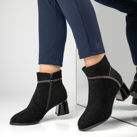 Botine dama cu toc si pietre aplicate negru suede MOD12880, 2, modlet.ro