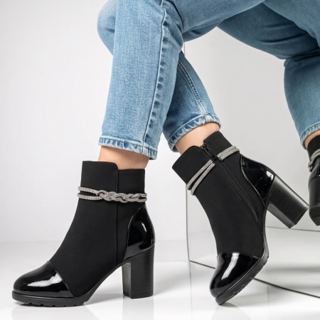 Botine dama cu toc si strasuri negru suede GINA22, 2, modlet.ro