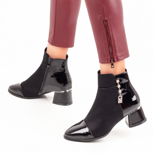 Botine negre cu toc gros dama si accesoriu decorativ MARA39, 2, modlet.ro