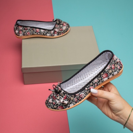 Espadrile dama cu fundita si model floral negre ZEF11813