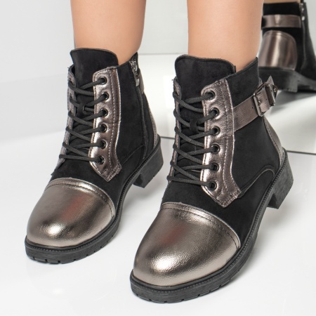 Ghete dama cu fermoar si catarama negre suede cu argintiu MOD10854, 4, modlet.ro