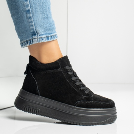 Ghete dama cu siret si talpa groasa negru suede din Piele naturala MOD14014, 4, modlet.ro