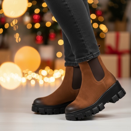 Ghete dama cu talpa groasa maro suede din Piele naturala MOD05383