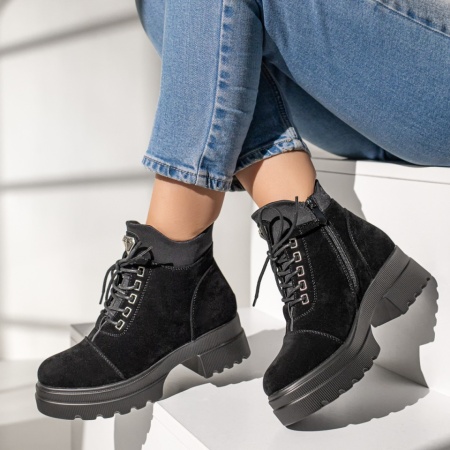 Ghete Dama, Ghete dama negre suede cu siret si fermoar MOD12209, modlet.ro