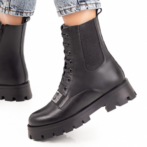 Ghete negre cu fermoar si insertie de material elastic dama din Piele naturala MOD07253, 1, modlet.ro