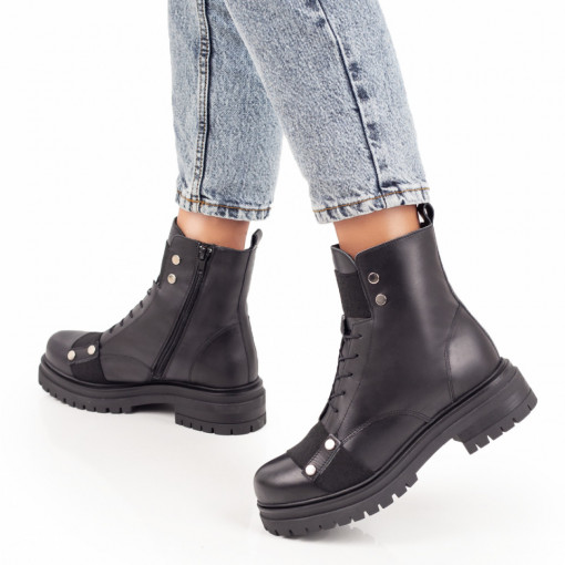 Ghete negre dama cu fermoar, siret si insertii de material elastic din Piele naturala MOD07289, 2, modlet.ro