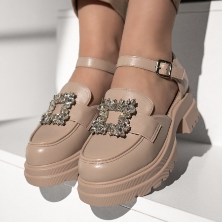 Pantofi casual cu talpa groasa si accesoriu decorativ bej MOD13016, 3, modlet.ro