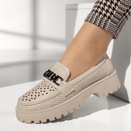 Pantofi casual dama, Pantofi casual dama cu accesoriu metalic bej MOD13321, modlet.ro