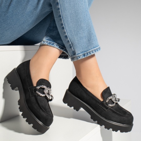 Pantofi dama, Pantofi casual dama cu accesoriu metalic negru suede MOD13091, modlet.ro