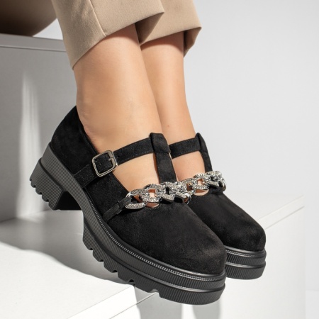 Pantofi casual dama cu bareta si strasuri negru suede ZEF13094