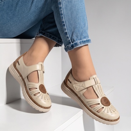 Pantofi casual dama cu perforatii bej cu maro EVA91, 3, modlet.ro