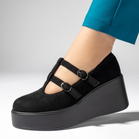 Pantofi dama, Pantofi casual dama cu platforma si barete negru suede MOD13447, modlet.ro