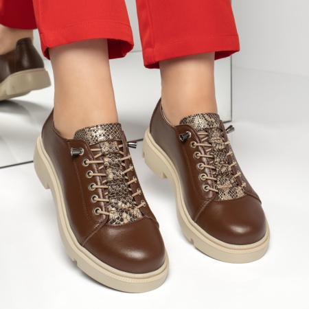 Pantofi casual dama cu siret elastic maro din Piele naturala MOD13150, 3, modlet.ro