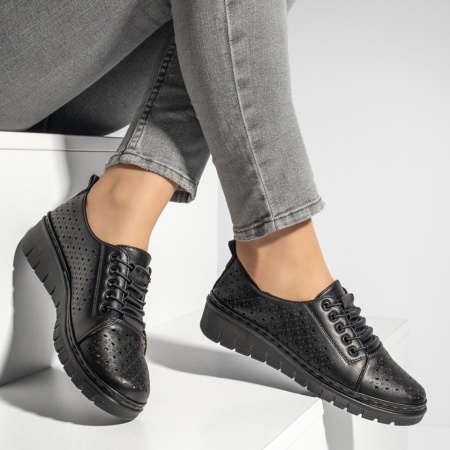 Pantofi casual dama cu siret elastic si perforatii negri ZEF13156, 3, zeforia.ro