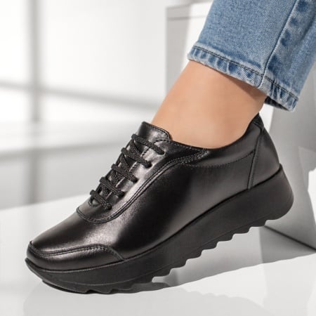 Pantofi casual cu platforma, Pantofi casual dama cu siret negri din Piele naturala ZEF00430, zeforia.ro