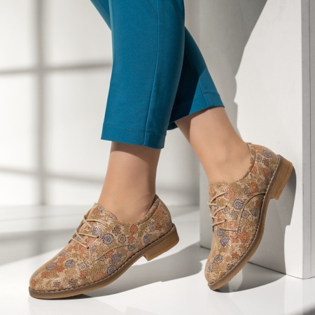Pantofi casual dama cu siret si imprimeu bej MOD14309, 2, modlet.ro