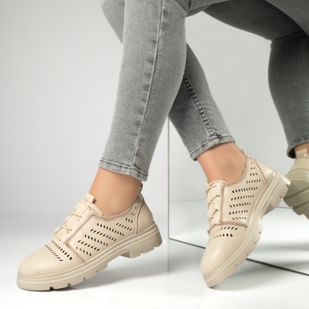 Pantofi casual dama, Pantofi casual dama cu siret si perforatii bej MOD13159, modlet.ro