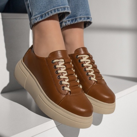 Pantofi casual dama cu siret si talpa groasa maro din Piele naturala MOD11127, 3, modlet.ro