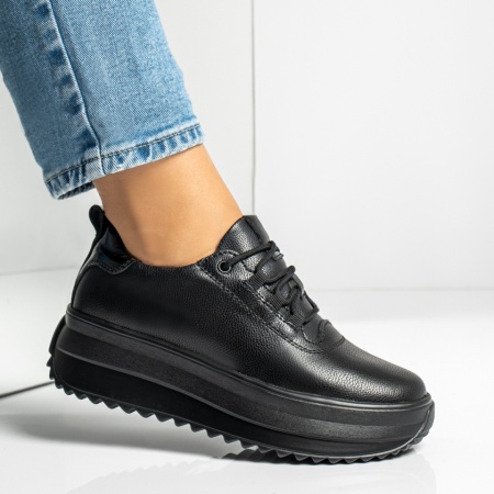 Pantofi casual dama cu siret si talpa groasa negri din Piele naturala MOD14016, 3, modlet.ro