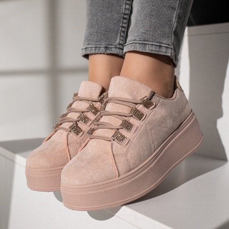 Pantofi casual dama cu talpa groasa roz suede MOD11734, 4, modlet.ro